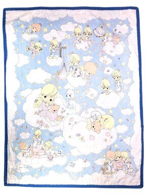 Vintage Handmade Precious Moments Baby Angel Quilt Blanket Blue Double Sided
